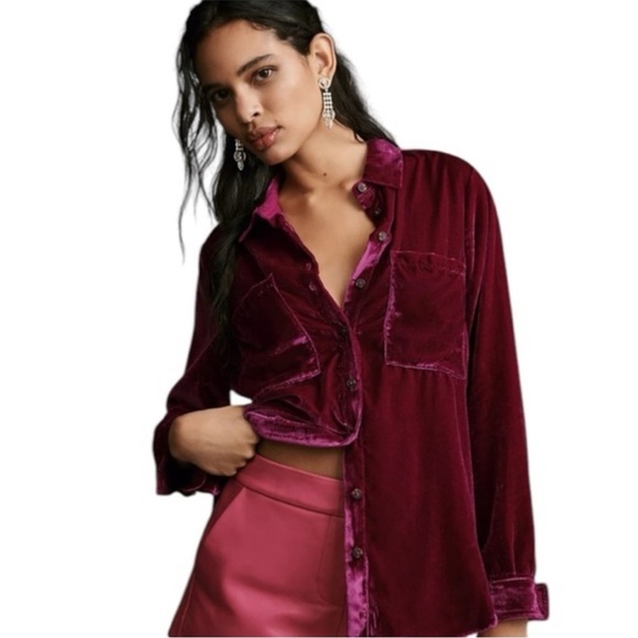 Anthropologie The Hadley Relaxed Buttondown Shirt by Pilcro Magenta Velvet - MP - Picture 1 of 8